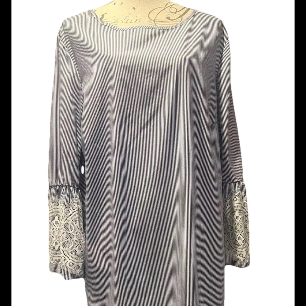 Tacera Midi Sleeve Bell Shift Dress Blue White Women’s Size XL